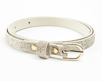 Ultra Skinny Glitter Belt - Champagne Silver