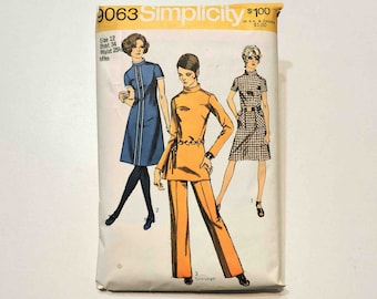 Simplicity Vintage Sewing Pattern 9063 Size 12 Misses' Dress or Tunic and Pants 1970