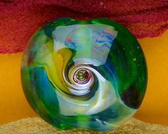 Handmade Lampwork Beads "Misty Meadow Pool" SRA Glass Focal Bead Lentil ~ OOAK Textural Organic Silver Glass Lustre ~ Meadow Shades