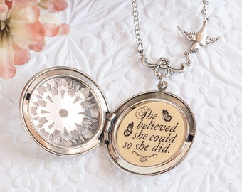 She believed she could so she did Quote Necklace Silver Locket Graduation Gift College Gift Back to School Inspirational Jewelry