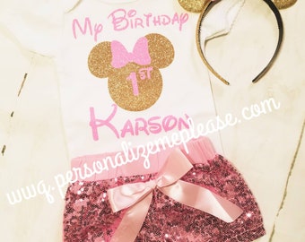 Minnie Mouse Birthday Outfit, My Birthday Outfit, Pink and Gold Birthday Outfit, Pink Sequin Shorts