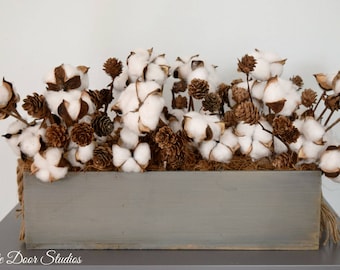 Rustic Farmhouse Cotton Stem Centerpiece in Wood Planter