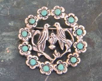 1930's Vintage Lovebirds Wedding Brooch 925 Sterling Silver with Turquoise Inlays