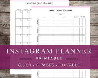 Instagram Social Media Planner - INSTANT DOWNLOAD - Printable PDF Editable- 8 Pages// Instagram Schedule Planner Printable Planner