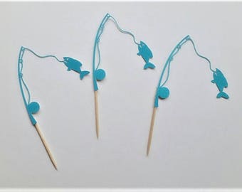 12 Count Fishing Pole Cupcake Toppers - Fishing Theme Party - Dessert Toppers - Baby Shower Toppers - Birthday Toppers - Party Decorations