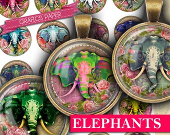 Digital collage sheet - Elephants - Cabochon images 1.5", 1.25", 30mm, 1 inch circle Printable images Instant download bottle caps td429