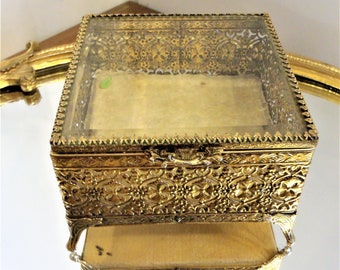 Gold Plated Ormolu Filigree Jewelry Casket w/ Beveled Glass Lid Ornate Openwork SQUARE Jewel Trinket Box Vintage Vanity Dish Dressing Table