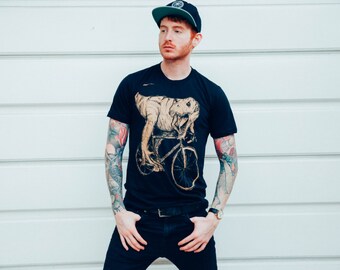 Tyrannosaurus Rex on a bicycle - Mens T Shirt, Unisex Tee, Cotton Tee, Handmade graphic tee, Bicycle shirt, Bike Tee, sizes xs-xxl