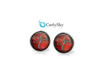 Red Tree of Life Studs, Tree of life blue studs earring Blue and red studs Whimsical tree studs Red and blue stud earrings Curly tree studs