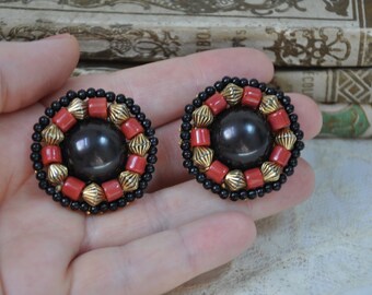 Vintage French 1980s Clip on Earrings, Extra Large Earrings, Statement Earrings, 1980s Earrings, Red Black Gold Costume Jewelry