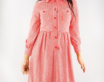 SALE Vintage Dress | 70s Japanese Shirt Dress | Red x White Striped Dress | Long Sleeve Dress | Collared Shirt Dress | Mod Dress | XS