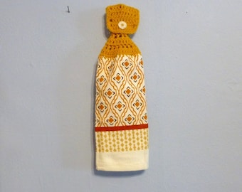 Uncut Crochet Button Top Hanging Kitchen Towel Double Layered White Orange Gold Rust Fall Colors