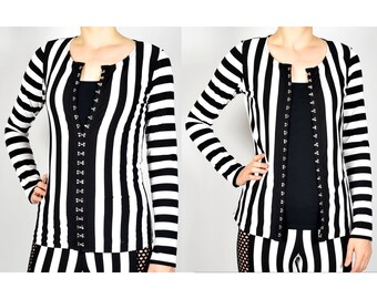 Hook and Eye Front Black White Striped Long Sleeve Shirt S M L XL 2XL top sweater beetlejuice costume cosplay vertical horizontal stripes