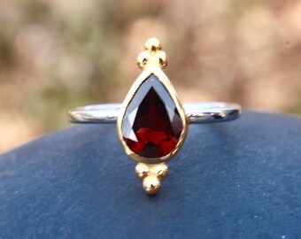 Garnet ring, gemstone ring , january birthstone , red gemstone , triple dots , gold ring , stacking ring , gift for her , teardrop ring