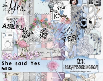 Engagement Digital Scrapbook Kit, marriage Proposal : also suits wedding scrapbook He asked she said Yes! engagement ring, romance hearts