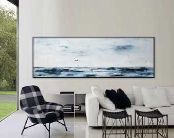 extra large seascape painting 72" Ocean waves sea abstract art painting Blue white Long horizontal art ElenasArt 'one quiet morning'