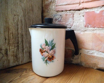 White Enamel Pitcher Floral Enamel Tea Kettle Enamel Kettle Teapot Vintage Enamelware USSR era Enamelware Farmhouse Decor Made in Latvia