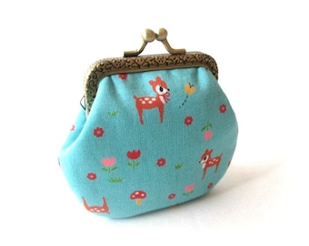 Blue frame coin pouch, cotton fabric with deer print, bronze kiss lock clasp, metal change purse, mini bag