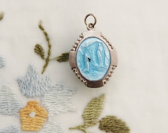 Vintage Our Lady of Lourdes and St. Bernadette Medal with Blue Enamel