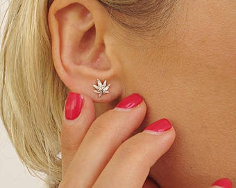 Minimalist Earrings. Flower Studs. Tiny Silver Stud Earrings. Sterling Silver Petal Studs. Tiny Leaf Earrings, Cannabis Earrings, Hemp stud