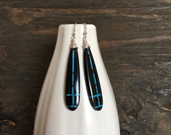 Obsidian and howlite inlay earrings, unique obsidian earrings