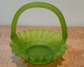 Green Glass Basket with Handle~Westmoreland Rose & Trellis Satin Green Glass Basket 1960s