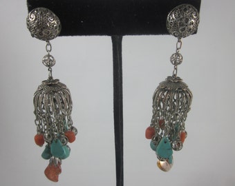 Vintage Turkish Uzbek Topaz, Turquoise, Coral Filigree Earrings