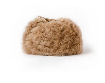 New Beige Lamb Trapper Hat, Real Tan Tuscan Lamb Unsheared Fur hat