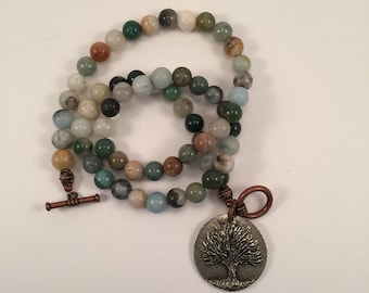 Natural stone beaded necklace with tree of knowledge pendant