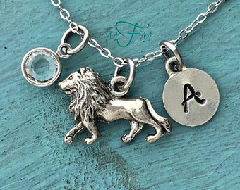 Lion Charm Necklace, Personalized Necklace, Silver Pewter Lion Charm, Custom Necklace, Swarovski Crystal birthstone