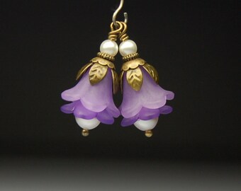 Vintage Style Bead Dangles Purple Lucite Flowers Pair PR29