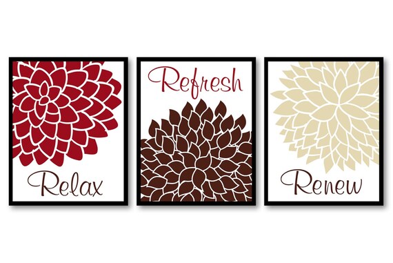 Home Decor Wall Art Burgundy Red Brown Beige Flower Print Set