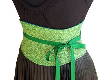 Green Corset Belt / Waist Cincher / Obi Belt / Green Blue Gold Underbust / Steel Boned / Wedding Sash / Renaissance Costume Corset