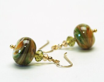 Olive Green Lampwork Earrings with Swarovski Crystal Accents on Gold Filled Earwires