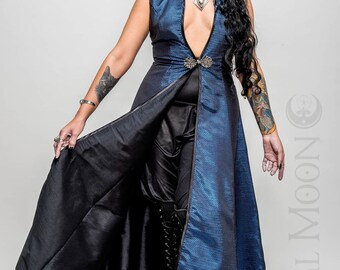 NEW: The Metallic Blue "DragonSkin" REVERSIBLE to Black Opera Vest Hooded Long Dress by Opal Moon Designs (Size S-XXL)