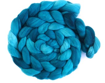 Zeal for Teal, Rambouillet Wool Roving - Hand Painted Spinning or Felting Fiber