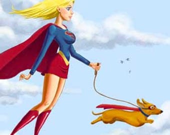 Dachshund art, magnet, Dachshund and Supergirl walking
