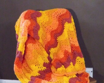 Fall Colors Knitted Afghan, Orange Blanket, Knitted Throw 50"x75", Couch Throw