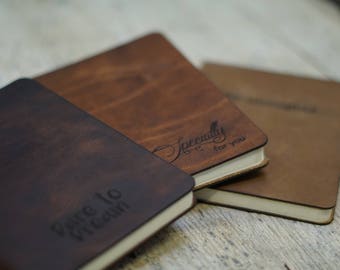 Leather Notebook A6/ Personalized Notebook - engraved with personal text - Gift for Him/Her, Anniversary, Travels, Journal, Diary
