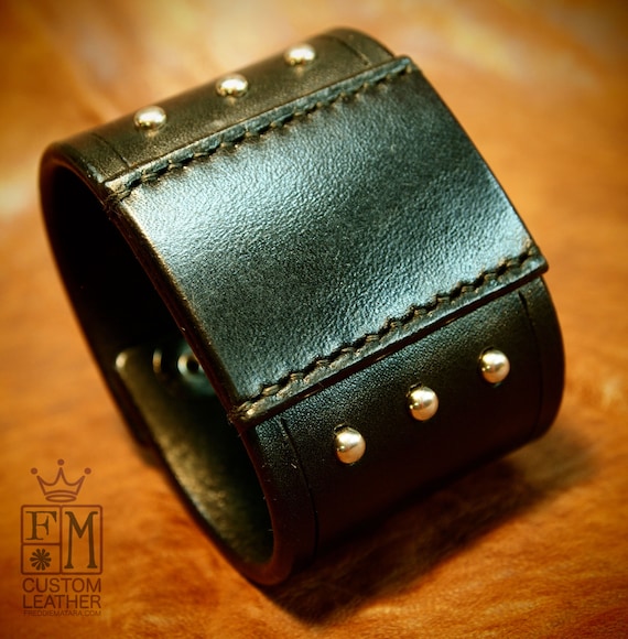 Black leather cuff 2 inch wide studded and Handstitched patch American bridle Bracelet made in USA!
