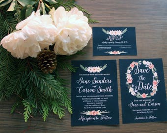 Navy Floral Wedding Invitation Sample Set