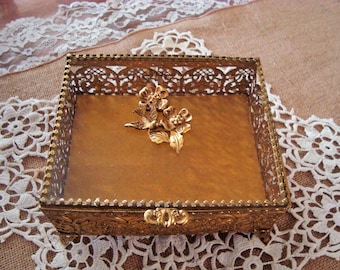 Mid Century Glass Top Gold Ormolu Footed Jewelry Casket Box