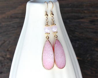 Pink drusy earrings with Swarovski crystals, pink druzy earrings