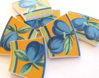 Broken China Mosaic Tiles - Blue Plum Fruit - Recycled Plate - Set of 6