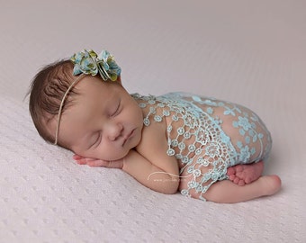 Aqua lace wrap with matching tie back, wrap and headband set, newborn photo prop, baby girl prop, lace wrap, baby headband