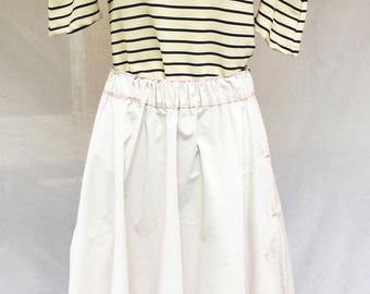 Beige cotton skirt with neon orange stitches - elastic waist skirt- midi skirt - Handmade - Made in France