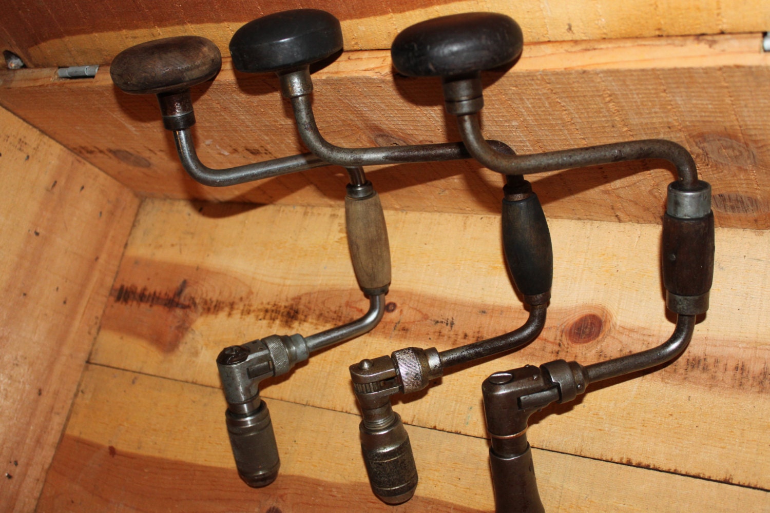 Three Vintage Brace Hand Drill for DIY Coat Hook Project