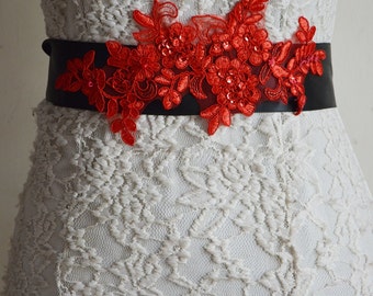 Black Sash Belt, Bridal Lace Belt, Red Sequined Beaded Belt Sash, Dress Accessories, Flower Girl, Bridesmaid, Belt and Sashes, Wedding