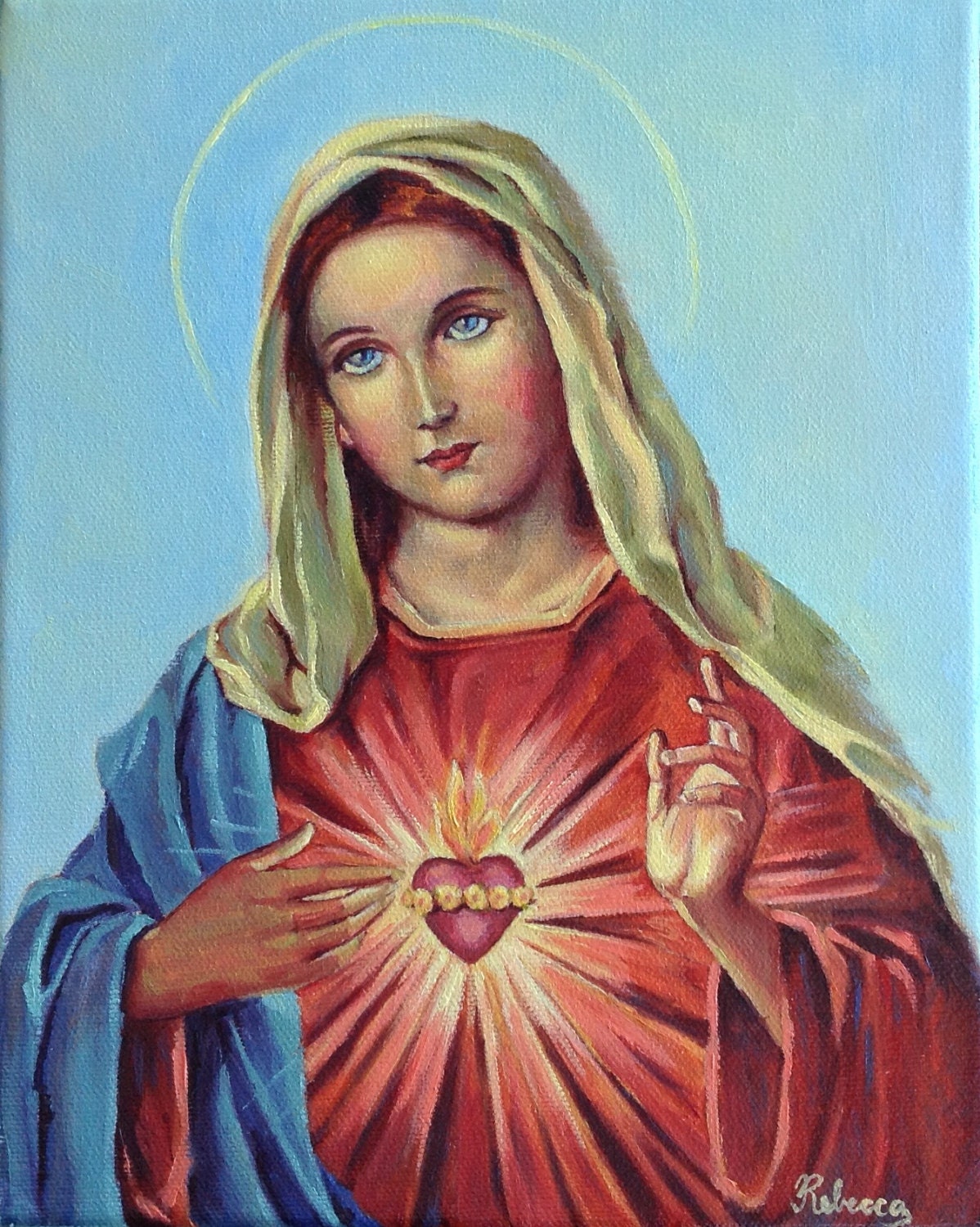 100% Handmade Small Oil Painting Sacred Heart of MarySaint