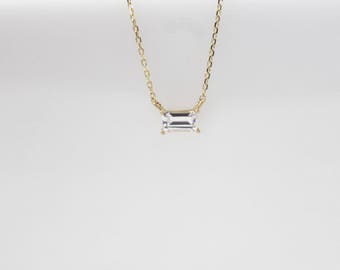 14K solid gold baguette CZ necklace, 14K rectangle cz, baguette diamond cz, everyday necklace, 14K dainty necklace, solitaire cz necklace